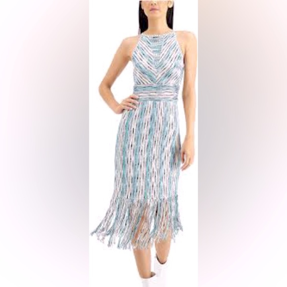 I-N-C Womens Fringe Trim Sheath Dress - small - teal, cream and black